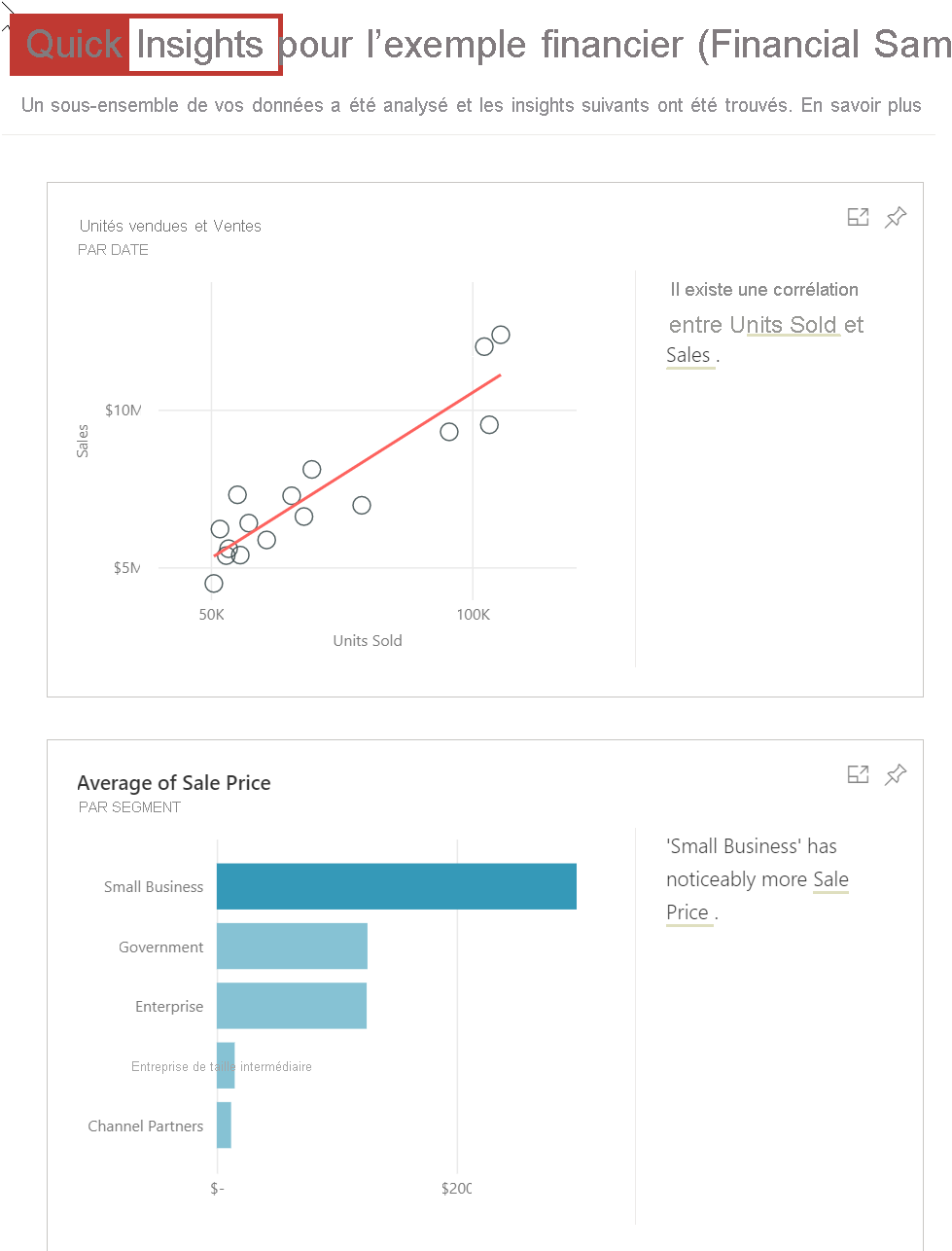 Capture d’écran des insights rapides résultants pour l’exemple de rapport.