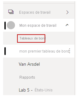 Capture d’écran du menu sur le côté gauche du service Power BI montrant un table de bord.