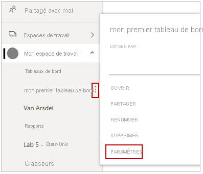 Capture d’écran de « Mes espaces de travail », option « Paramètres ».