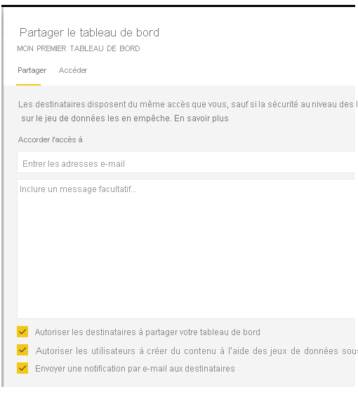 Capture d’écran de la boîte de dialogue « Partager le tableau de bord ».