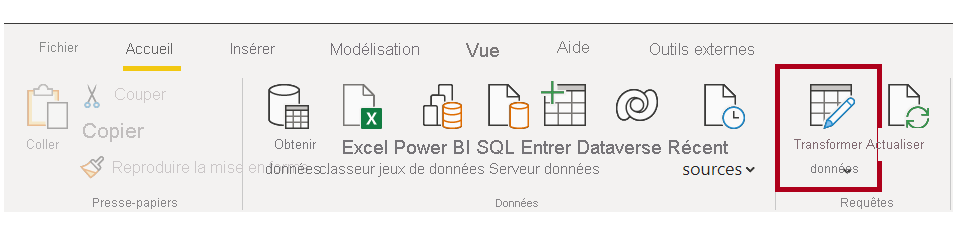 Capture d’écran du bouton Transformer les données.