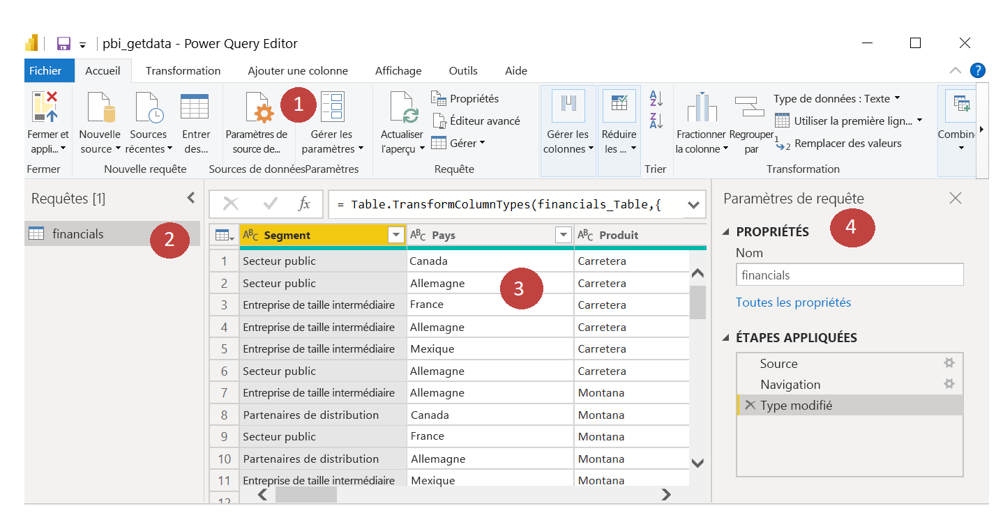 Les quatre zones de l’écran Éditeur Power Query.