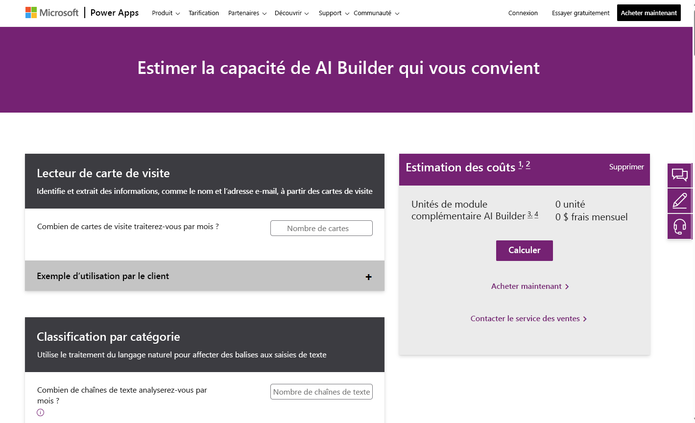 Capture d’écran de la page Power Apps Calculatrice AI Builder affichant l’Estimation du coût qui vous permet de calculer le coût des unités complémentaires AI Builder.