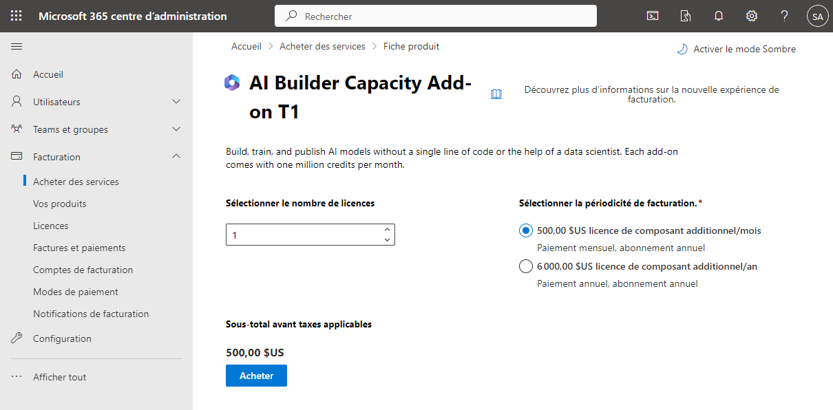 Capture d’écran du portail du Centre d’administration sur la page du module complémentaire Capacité AI Builder.