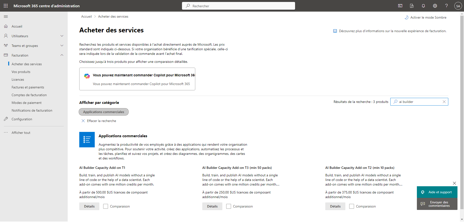 Capture d’écran du Centre d’administration Microsoft 365 ouvert à l’onglet Facturation de la page Achat de services. Le module complémentaire Capacité AI Builder s’affiche sous Applications métier.