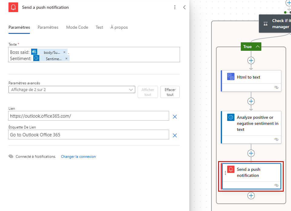Capture d’écran de la section Envoyer une notification Push avec le champ Texte défini sur Le responsable a déclaré : body/Subject. Sentiment : Response results.