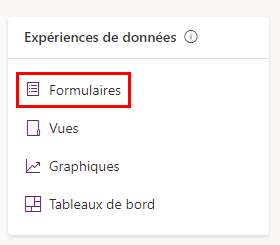 Capture d’écran illustrant un gros plan du volet Expériences de données avec l’option Formulaires mise en évidence.