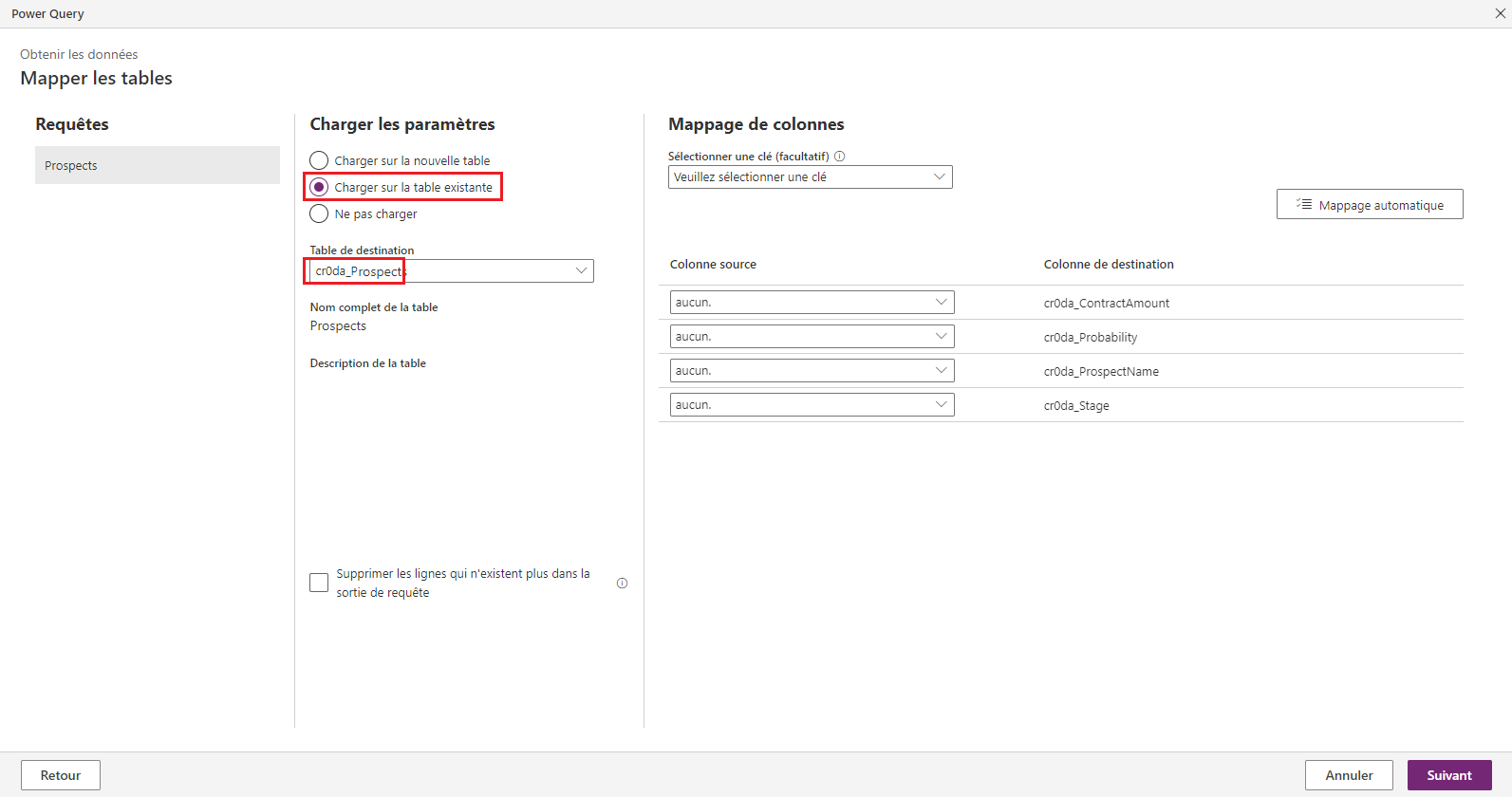 Capture d’écran de la fenêtre Power Query illustrant les sections Mappage de colonnes et Paramètres de chargement avec l’option Charger sur la table existante sélectionnée.