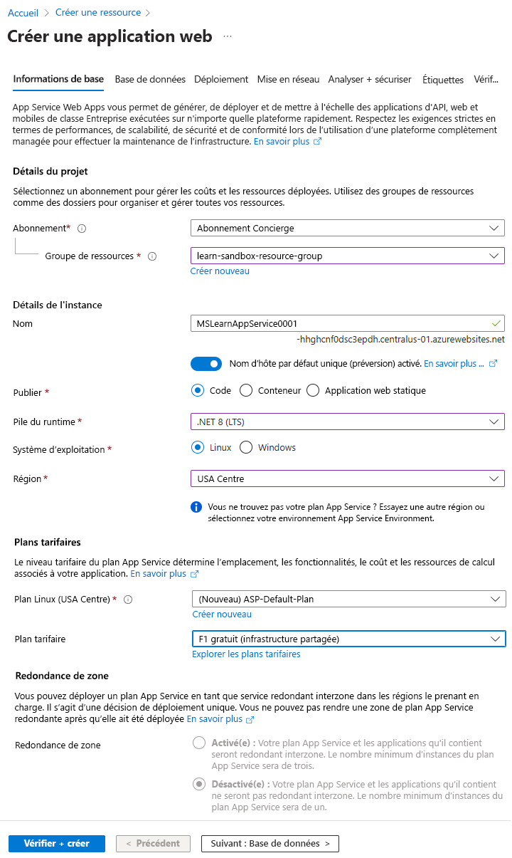 Capture d’écran montrant les détails de création de l’application web.