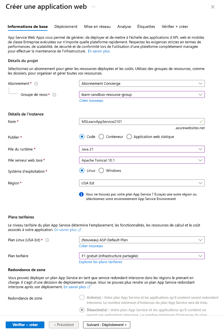 Capture d’écran montrant les détails de création de l’application web.