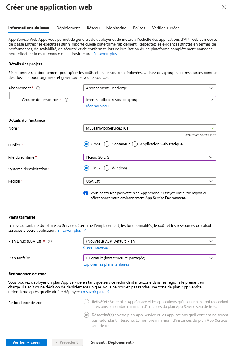 Capture d’écran montrant les détails de création de l’application web.