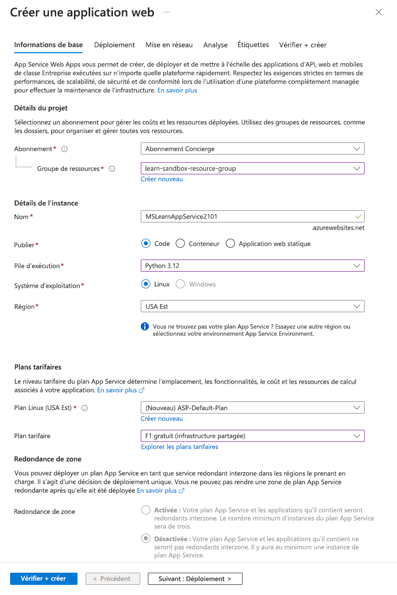 Capture d’écran montrant les détails de création de l’application web.