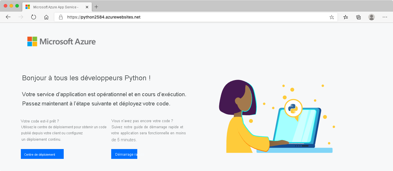 Capture d’écran montrant l’instance App Service nouvellement créée dans un navigateur.