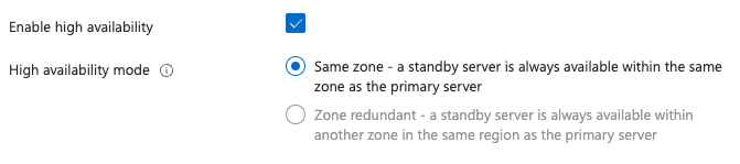 Capture d’écran de la sélection pour activer la haute disponibilité dans la même zone après la création du serveur.