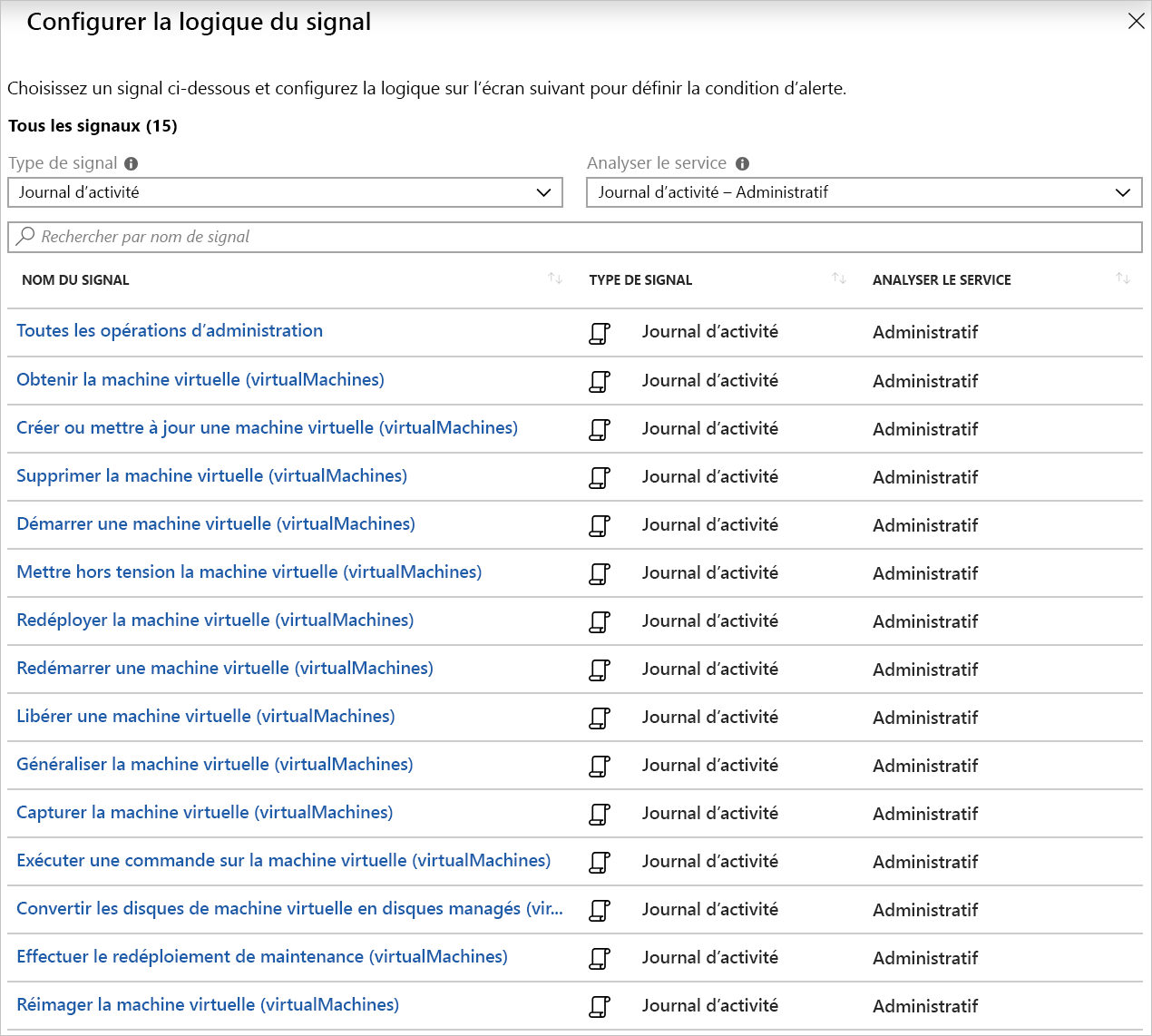 Capture d’écran de la logique de signal pour les alertes du journal d’activité liées aux machines virtuelles.