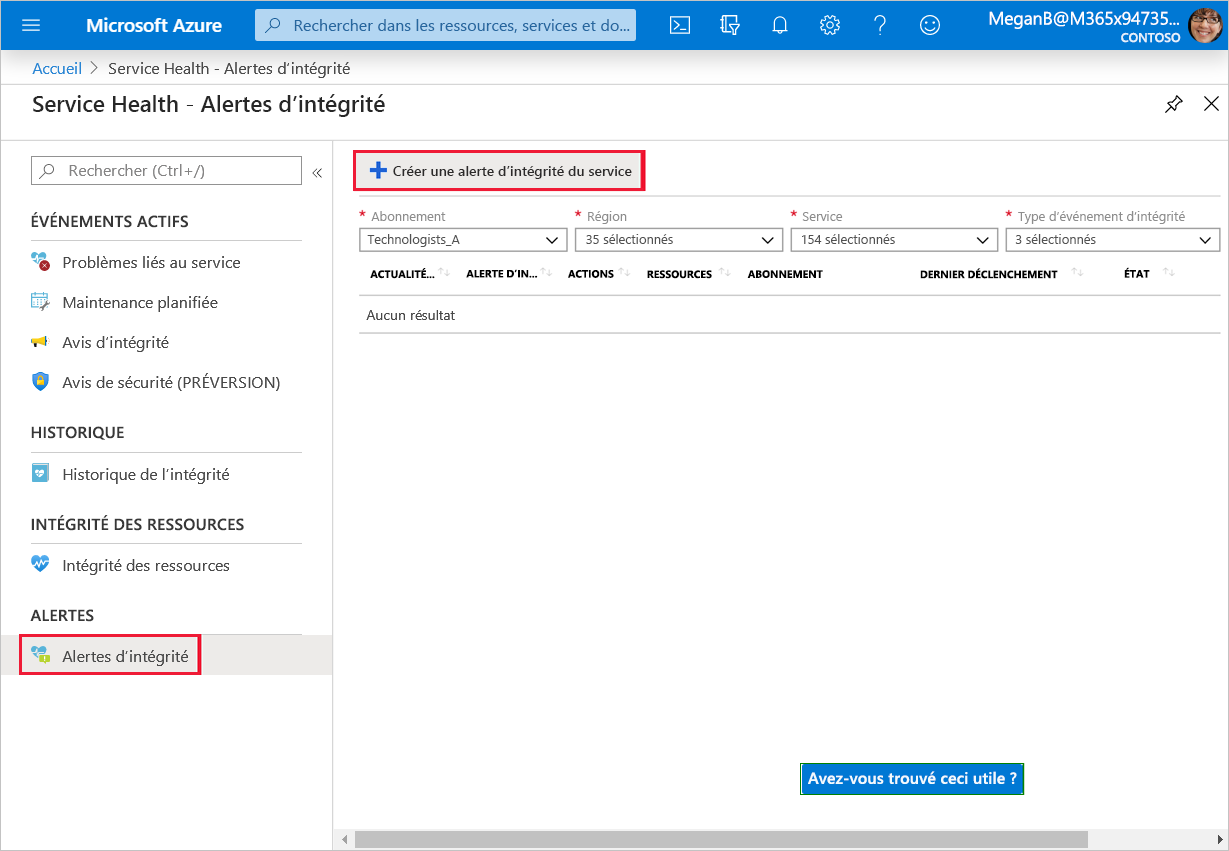 Capture d’écran montrant comment créer une alerte d’intégrité du service.