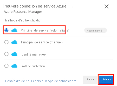 Capture d’écran d’Azure DevOps montrant le volet Nouvelle connexion au service Azure, avec l’option Principal de service (automatique) mise en évidence.