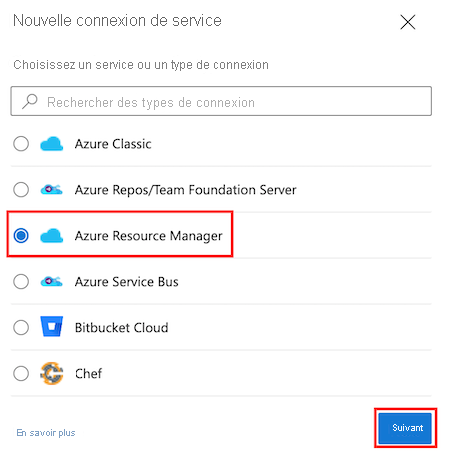 Capture d’écran d’Azure DevOps montrant le volet « Connexions de service » avec le type de connexion de service « Azure Resource Manager » en surbrillance