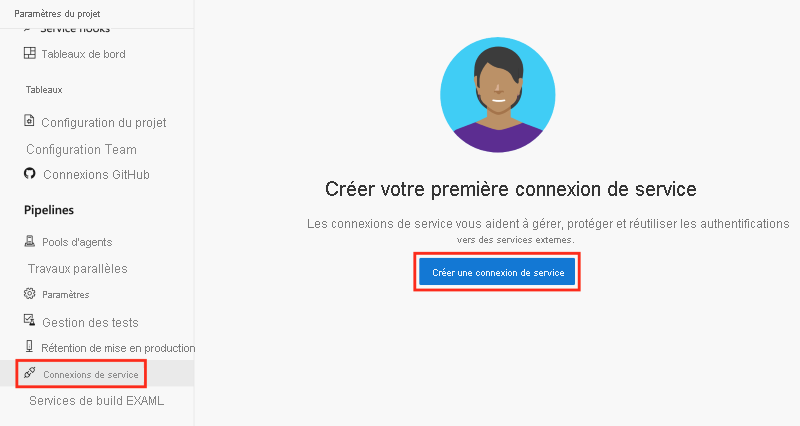 Capture d’écran d’Azure DevOps montrant le volet « Connexions de service » avec le bouton « Créer une connexion de service » en surbrillance