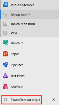 Capture d’écran d’Azure DevOps montrant le menu, avec l’élément Paramètres du projet mis en évidence.