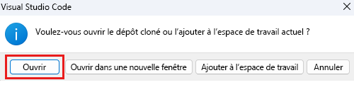 Capture d’écran de Visual Studio Code avec une invite pour ouvrir le référentiel cloné et le bouton Ouvrir en surbrillance.