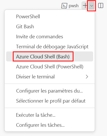 Capture d’écran de la fenêtre du terminal Visual Studio Code. La liste déroulante de l’interpréteur de commandes de terminal et l’élément de menu Azure Cloud Shell (Bash) sont affichés.