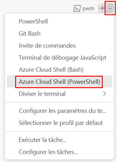 Capture d’écran de la fenêtre du terminal Visual Studio Code. La liste déroulante de l’interpréteur de commandes de terminal et l’élément de menu Azure Cloud Shell (PowerShell) sont affichés.