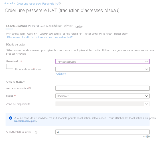 Capture d’écran de la fenêtre Créer une passerelle NAT (traduction d’adresses réseau).