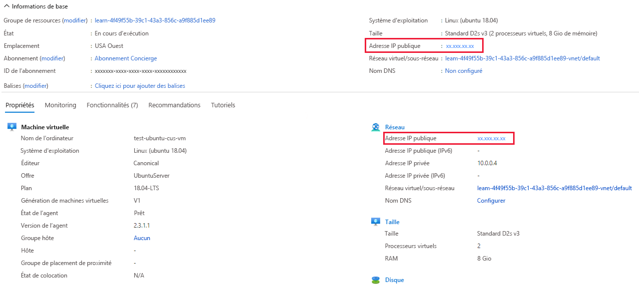 Screenshot showing VM essentials and properties with the public IP address highlighted.