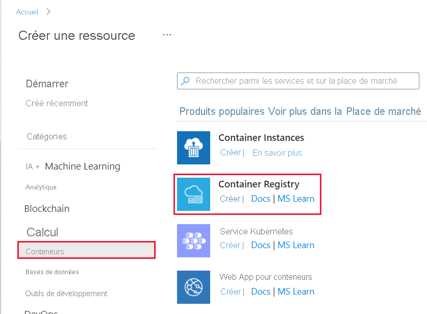 Capture d’écran montrant Créer une ressource avec Container Registry.