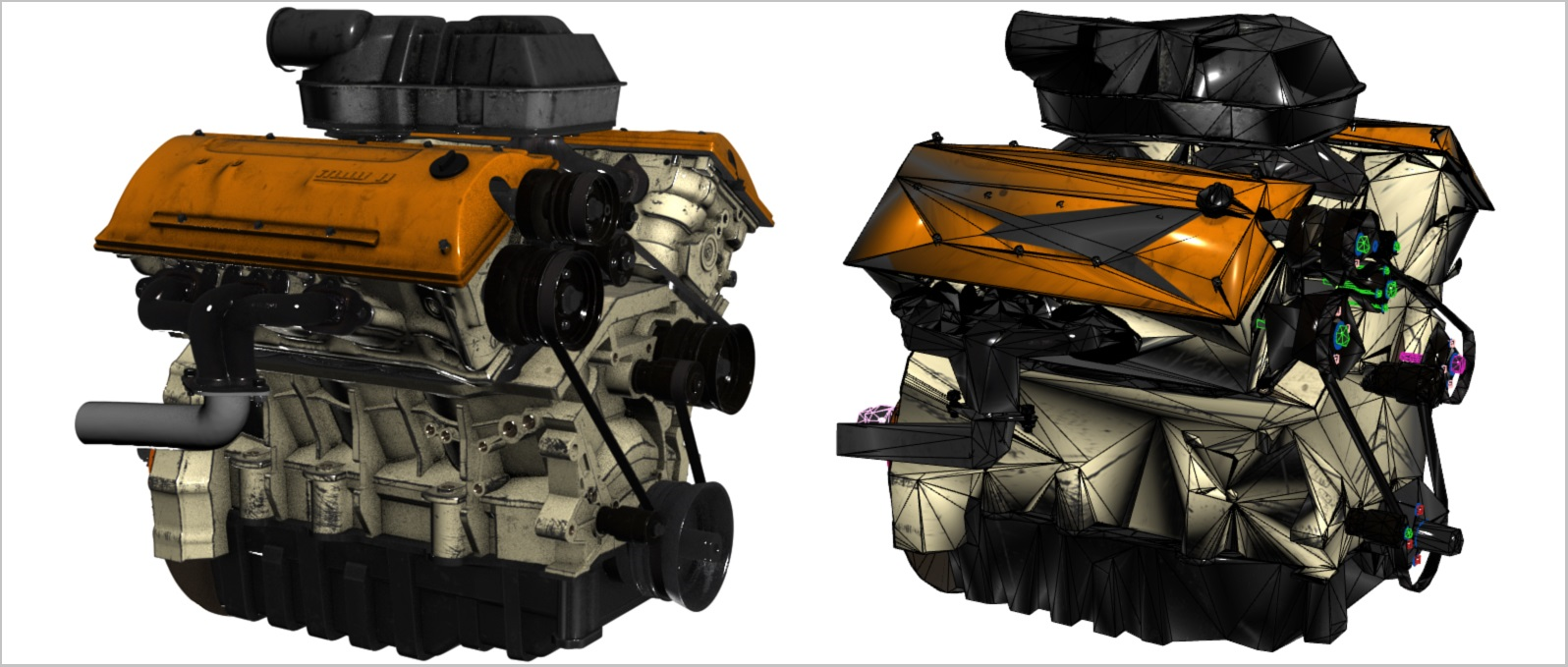 Photographie de deux modèles de moteur de voiture 3D. Le modèle de gauche a un grand nombre de triangles et le modèle de droite un petit nombre de triangles.