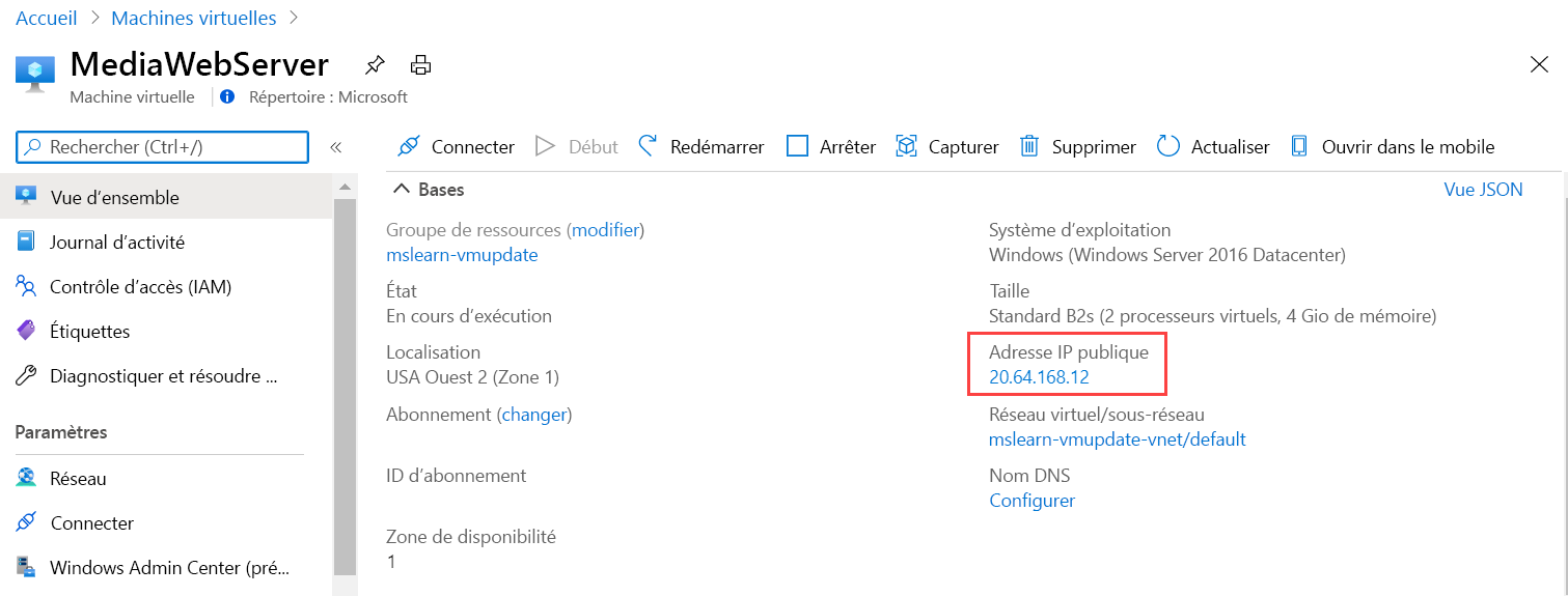 Capture d’écran mettant en évidence l’adresse IP publique qui figure dans la page de vue d’ensemble de la machine virtuelle.