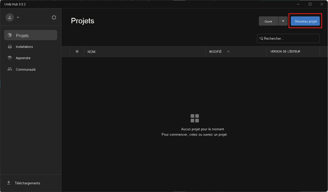Capture d’écran d’Unity Hub sous l’onglet Projects avec le bouton New Project mis en évidence.