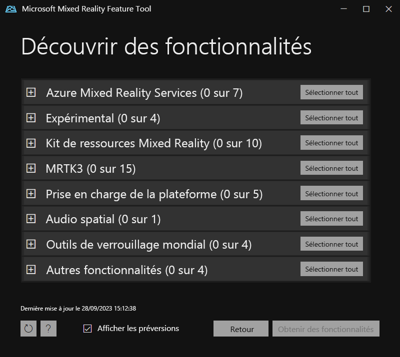 Capture d’écran des principaux groupes de packages dans Mixed Reality Feature Tool.