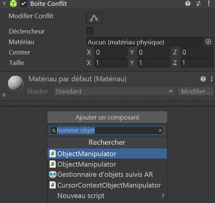 Capture d’écran de l’ajout du script Object Manipulator.
