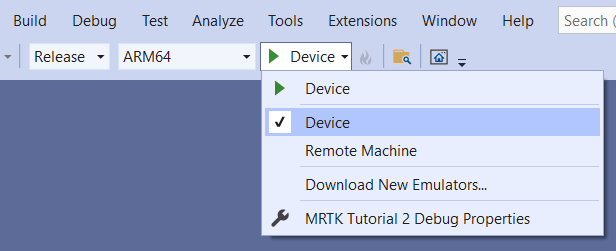 Capture d’écran de la fenêtre Visual Studio avec Appareil comme cible.