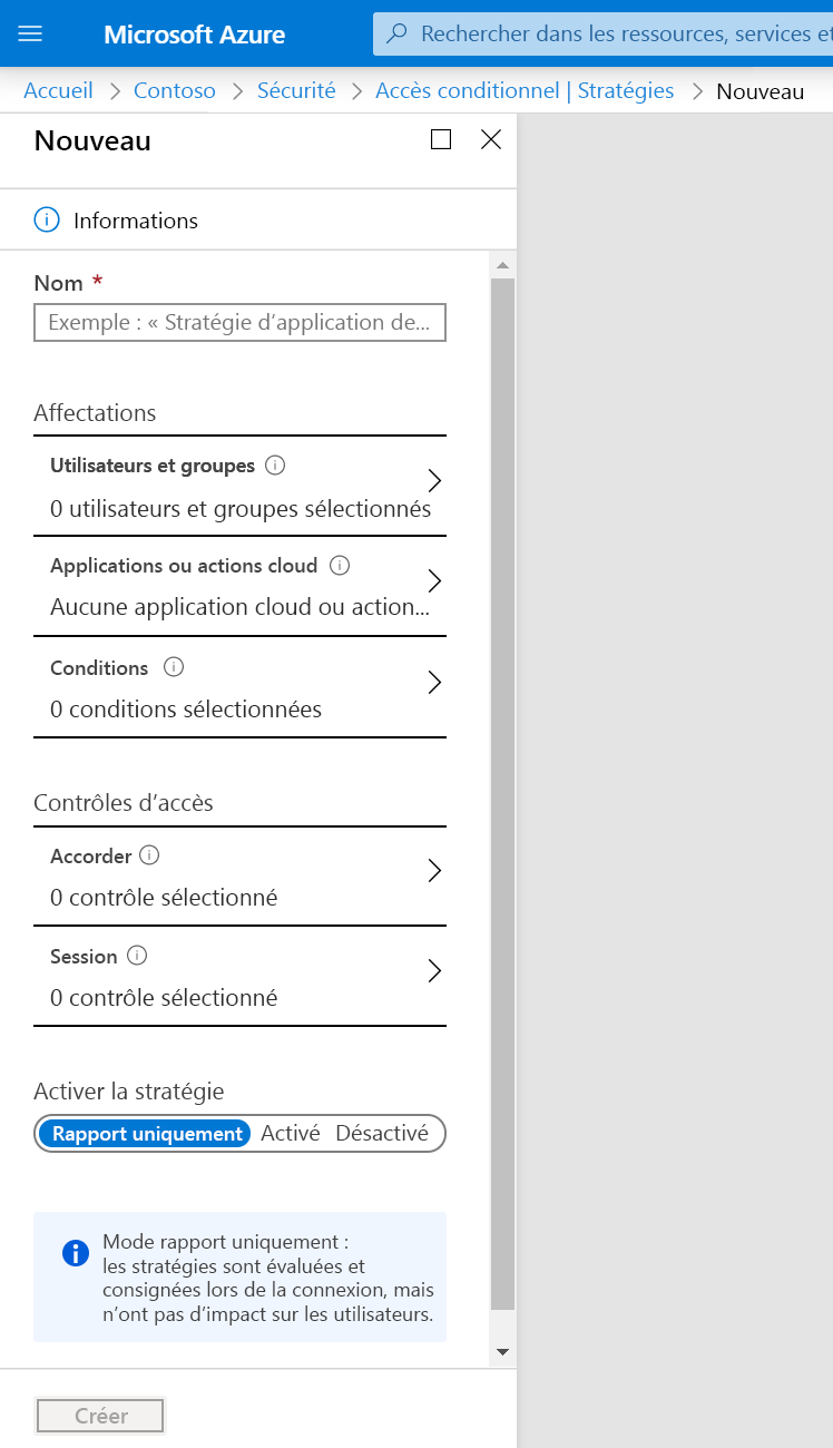 Capture d’écran montrant une nouvelle stratégie d’accès conditionnel sans affectation ni contrôle d’accès définis.