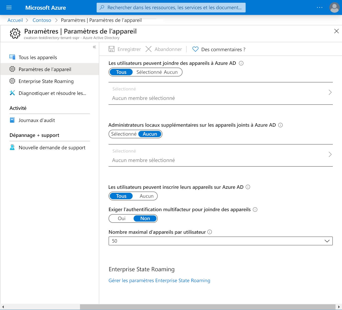 Capture d’écran des paramètres d’appareil Microsoft Entra.