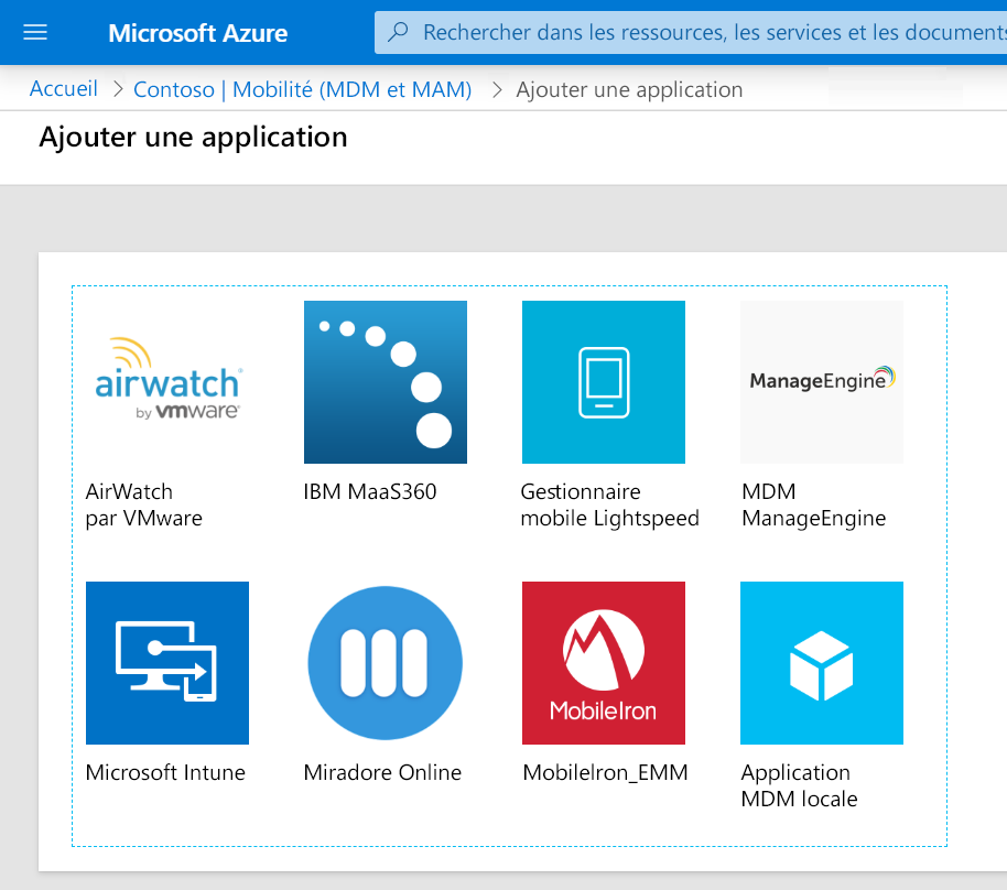 Capture d’écran montrant les applications de mobilité que vous pouvez ajouter, comme Microsoft Intune.