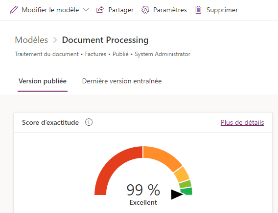 Capture d’écran de la page Détection d’objets (version préliminaire) avec les onglets Version publiée et Dernière version dont l’apprentissage a été effectué (sélectionné).