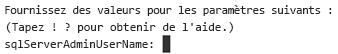 Capture d’écran montrant la ligne de commande Azure PowerShell qui vous invite à entrer le nom d’utilisateur de l’administrateur du serveur SQL.