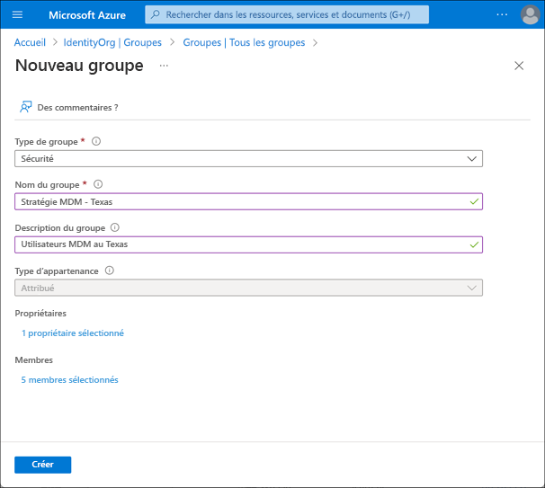 Screenshot of the Create Group feature in the Azure portal.