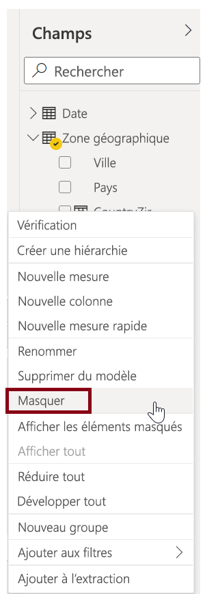 Capture d’écran de la fonctionnalité Masquer.