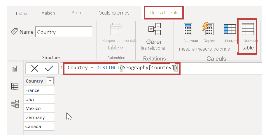 Capture d’écran du bouton Nouvelle table et de la table résultante.