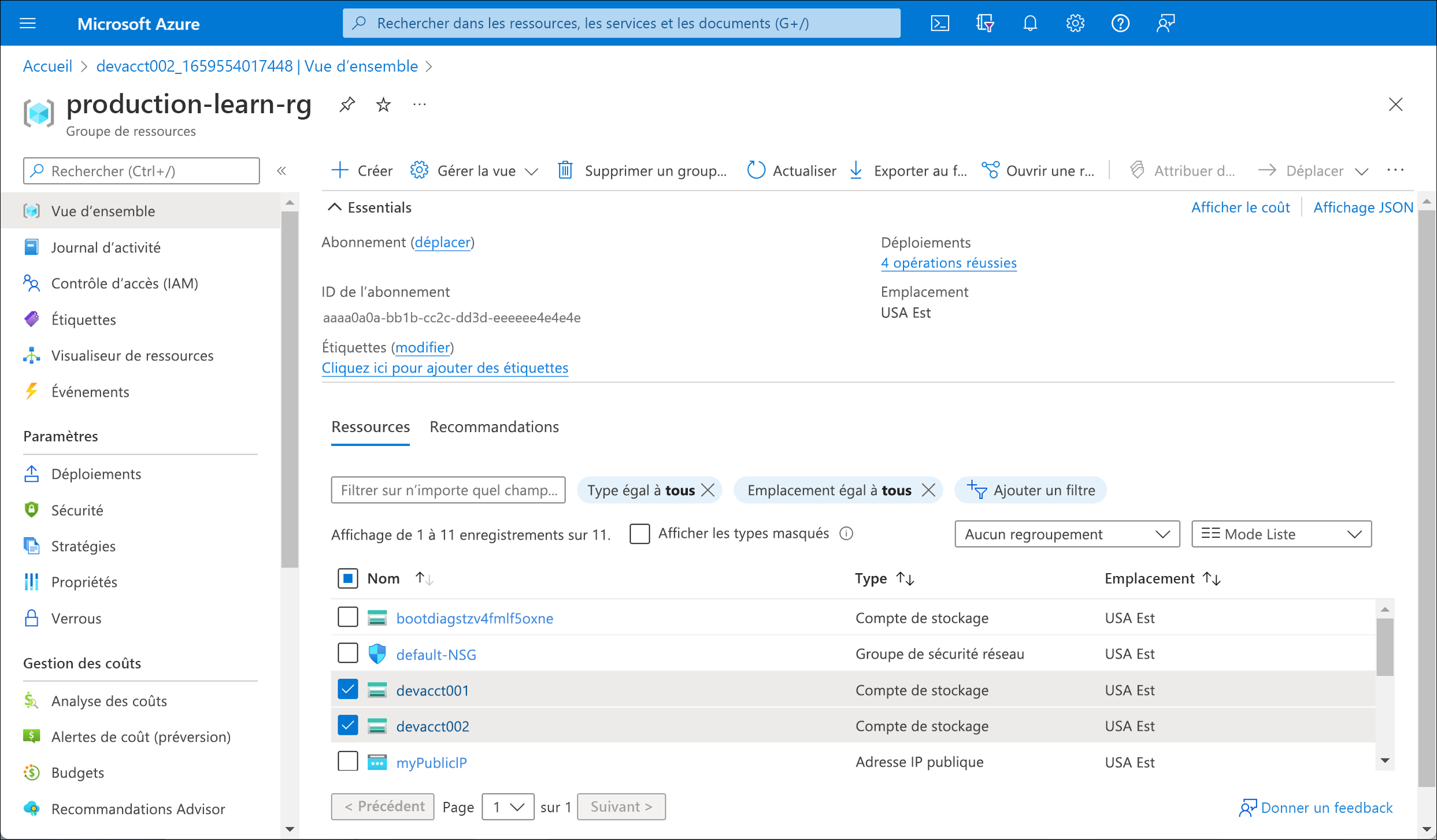 Capture d’écran montrant les ressources de développement que vous avez sélectionnées.