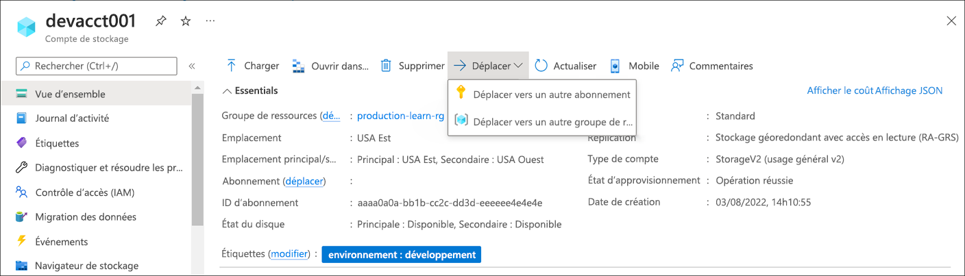 Capture d’écran montrant l’option de déplacement de la ressource vers un autre groupe de ressources.