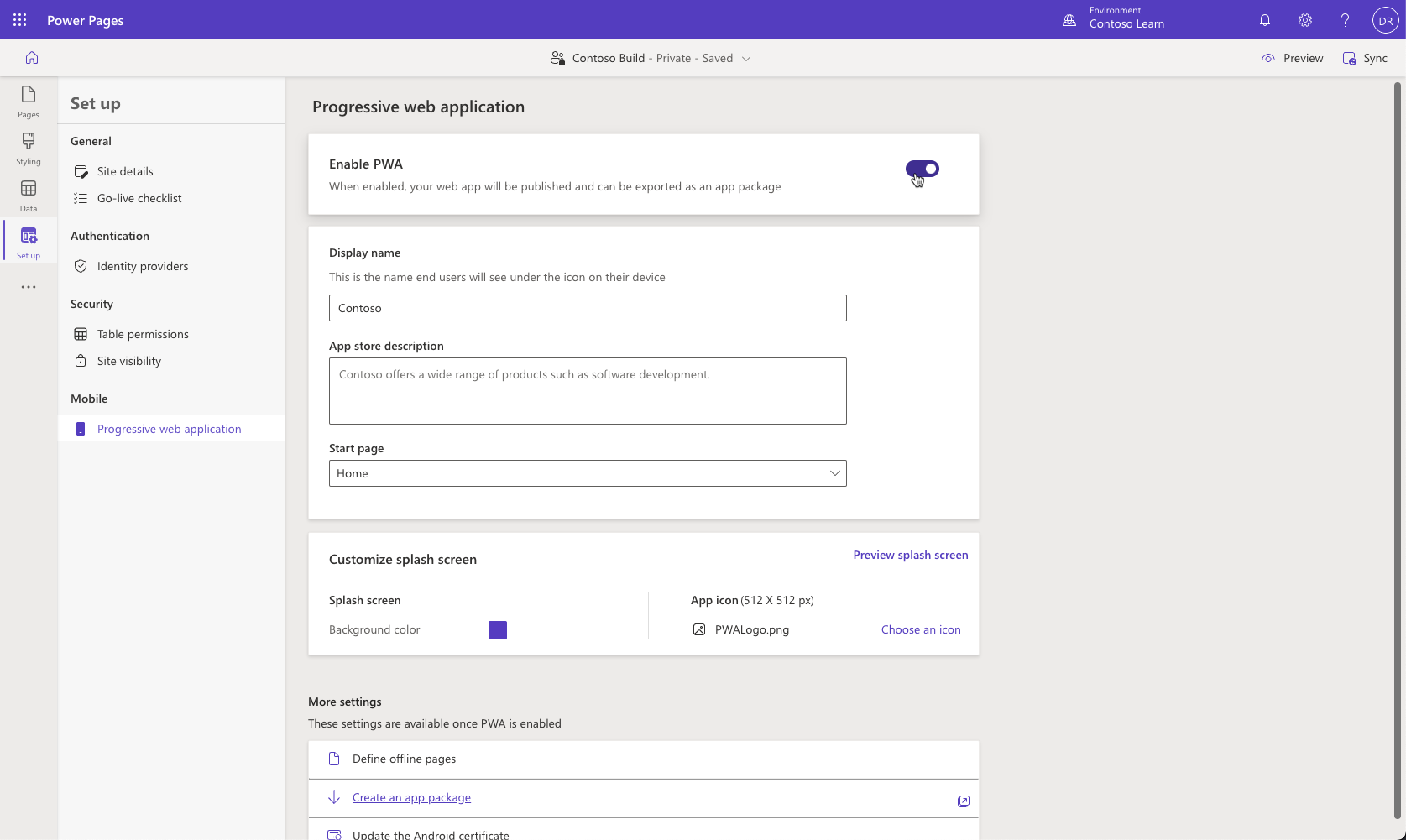 Capture de l’écran de configuration de l’application web progressive dans le studio de conception Power Pages.