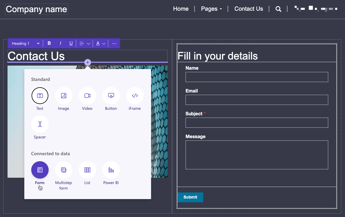 Capture d’écran de la page Power Pages avec un formulaire dans le studio de conception Power Pages.