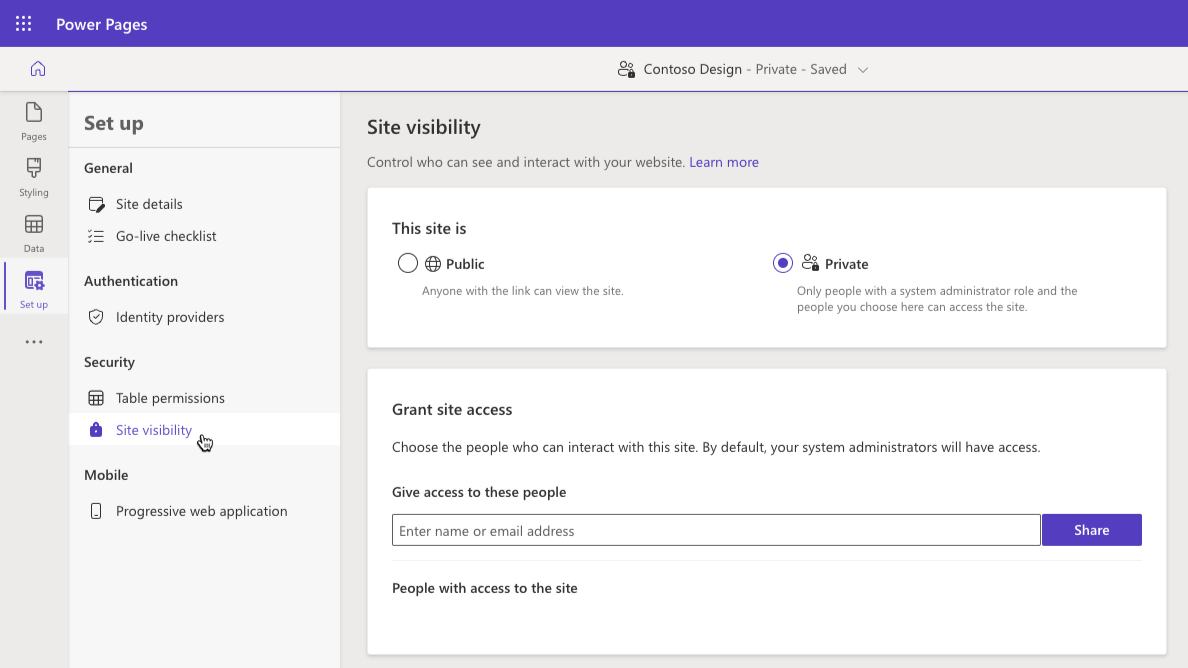 Capture d’écran de l’écran de configuration de la visibilité du site Power Pages.