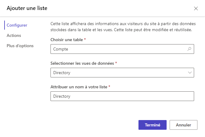 Capture d’écran de la boîte de dialogue de création de liste avec la table des comptes et la vue de répertoire sélectionnées.